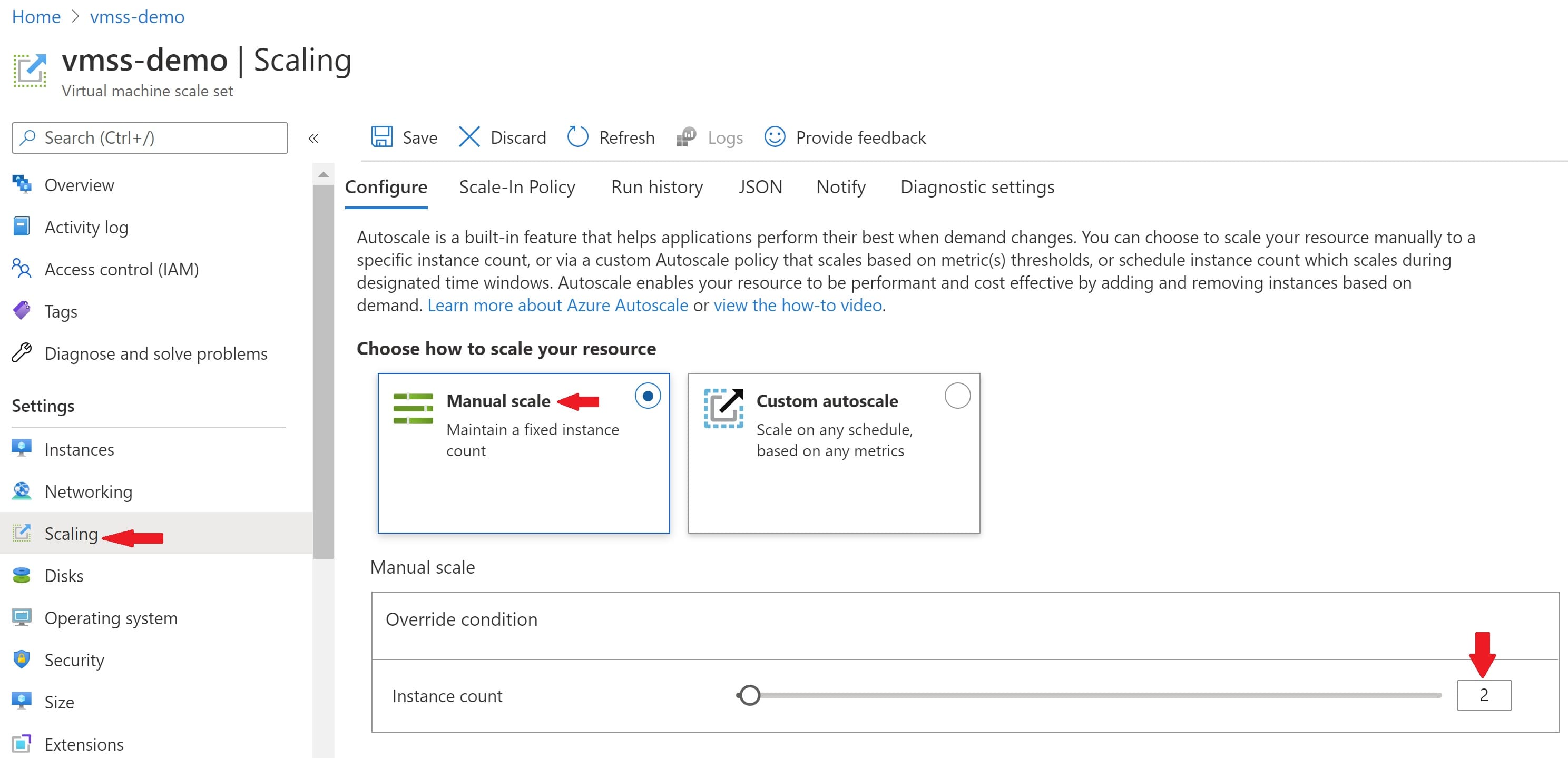 azure vmss manual scale