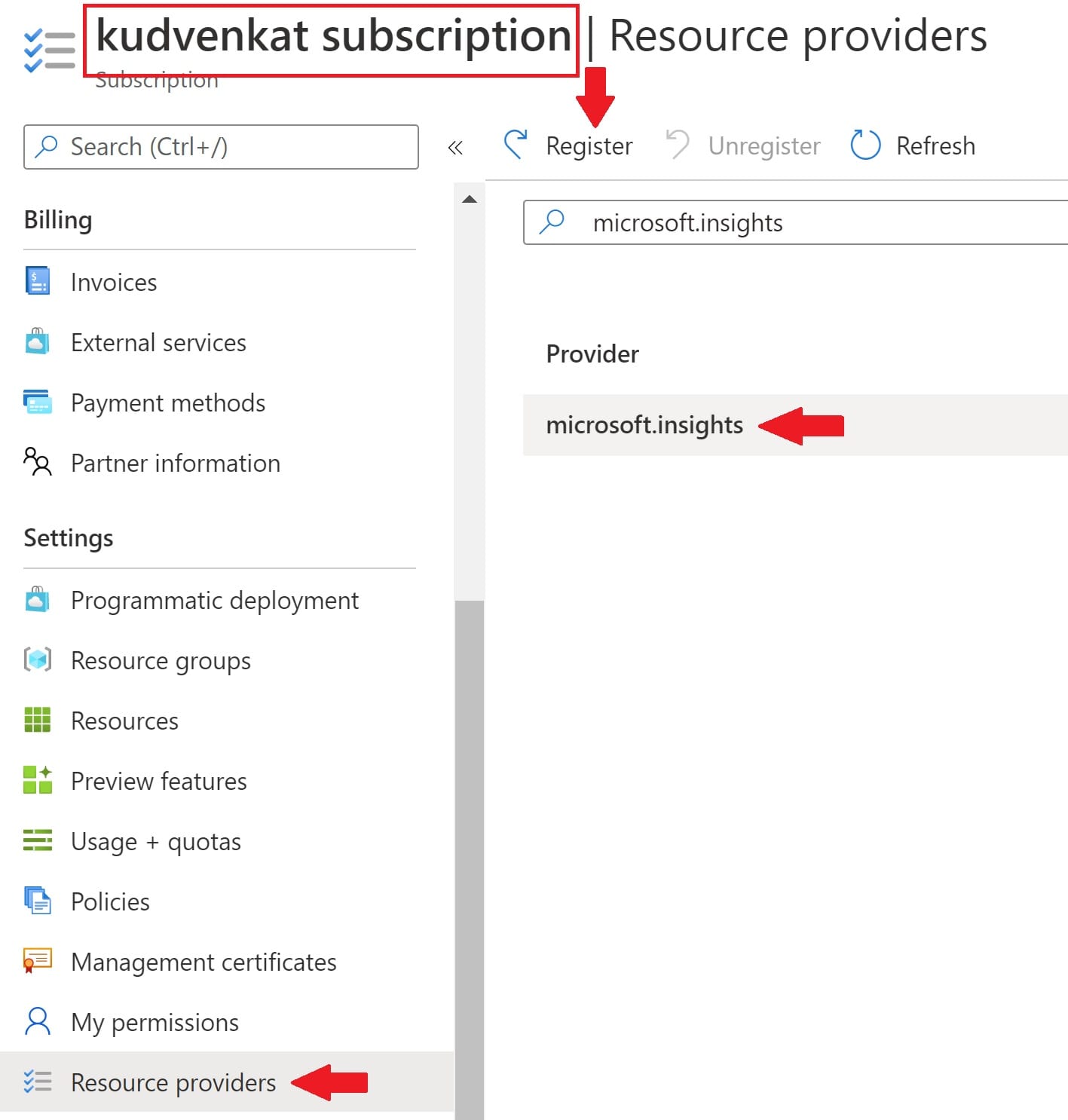 the subscription is not registered to use namespace 'microsoft.insights'