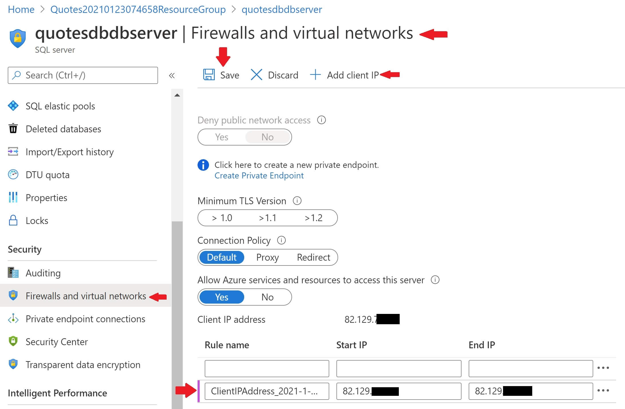configure azure sql server to allow remote connections