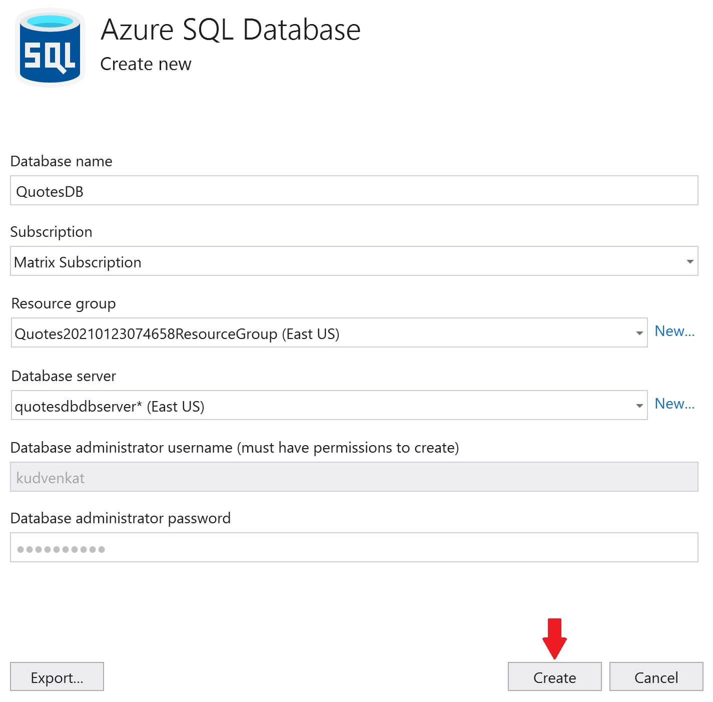 create sql database in azure from visual studio