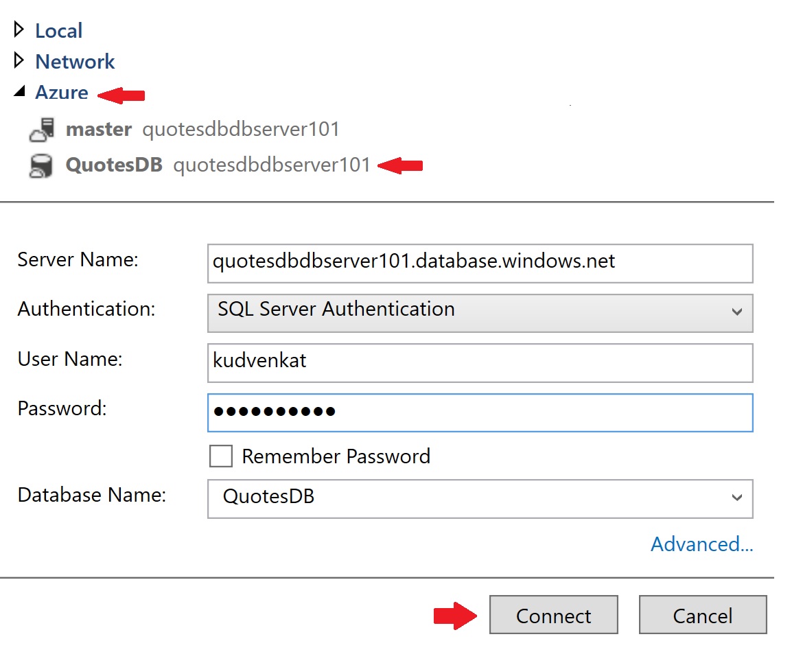 visual studio connect to sql server azure