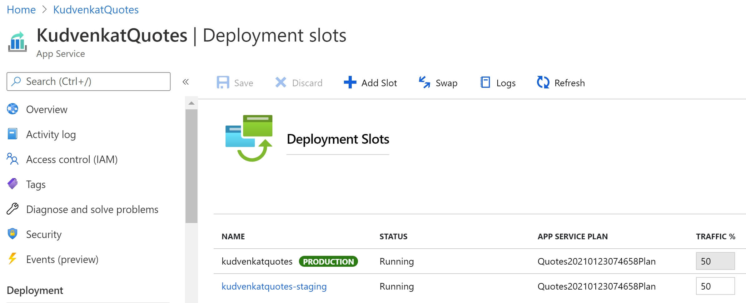 divert live traffic to staging slot in azure