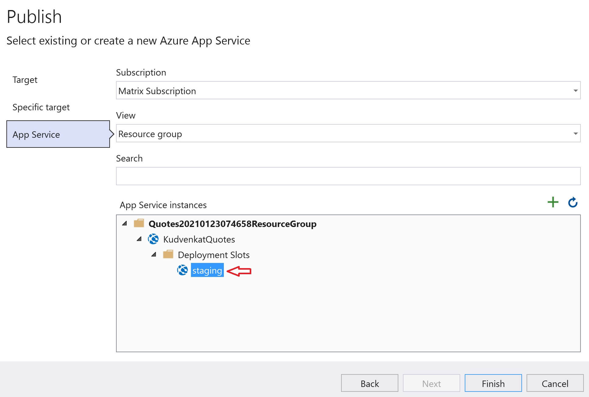 visual studio publish to azure staging slot