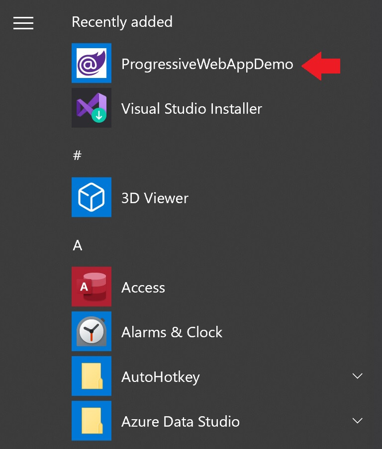 progressive web app in windows start menu