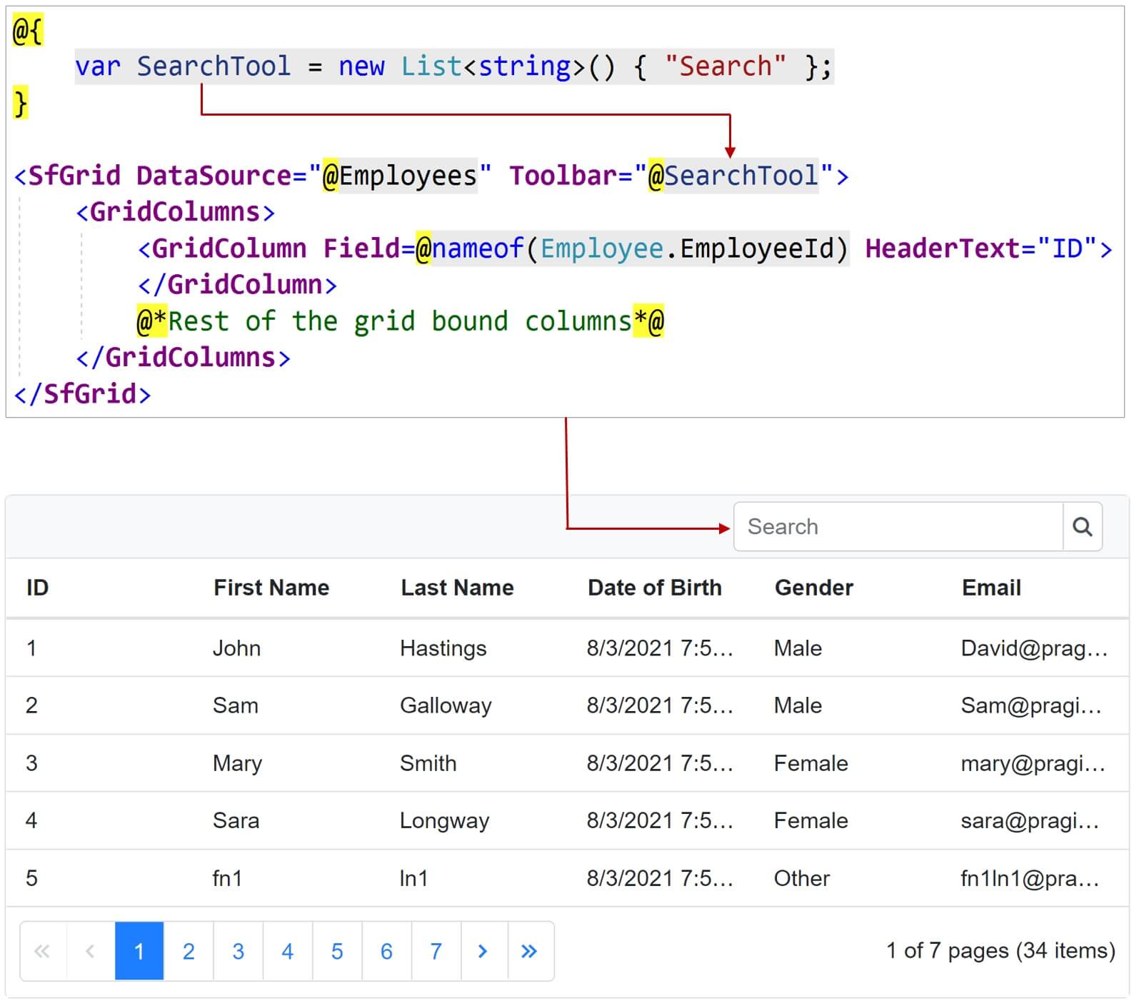 syncfusion blazor datagrid search