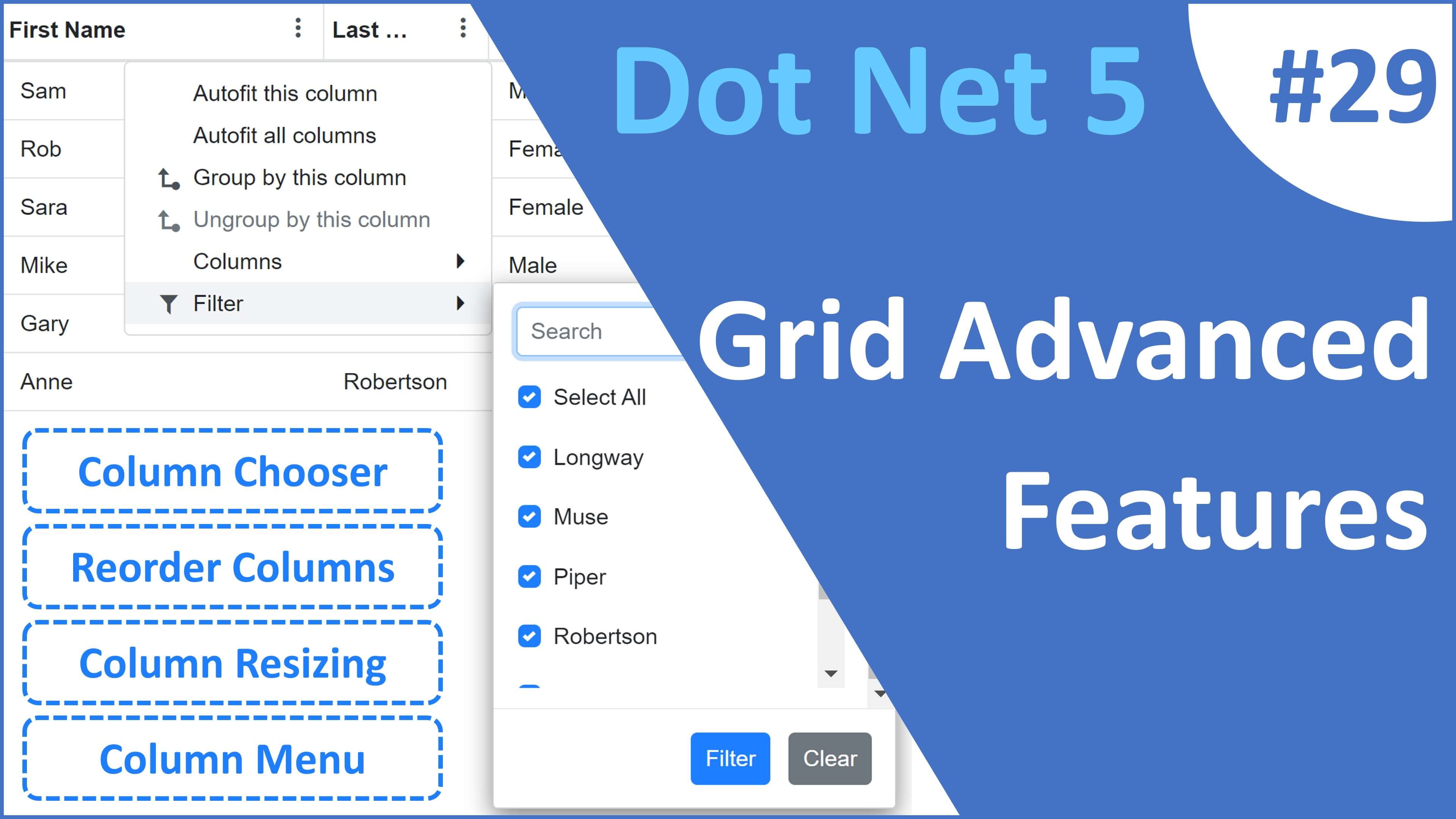 asp.net core blazor grid column advanced features