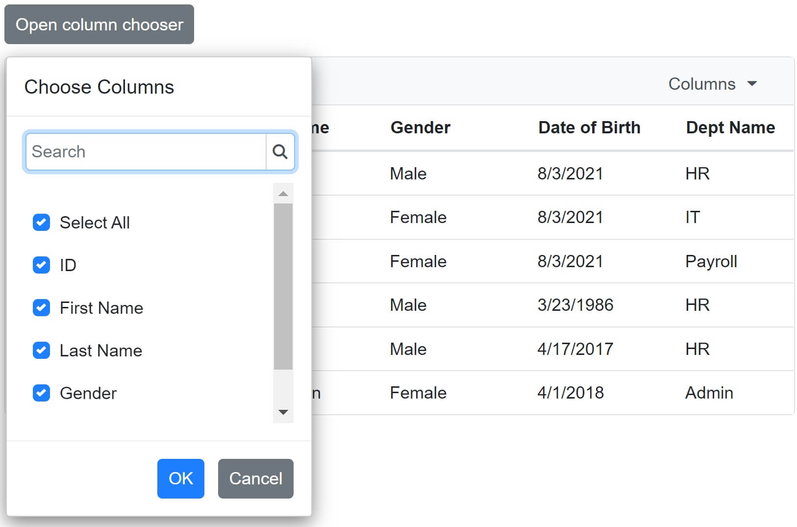 blazor datagrid column chooser example