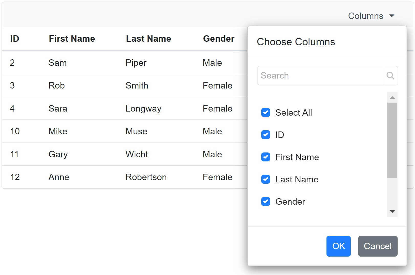 blazor datagrid column chooser