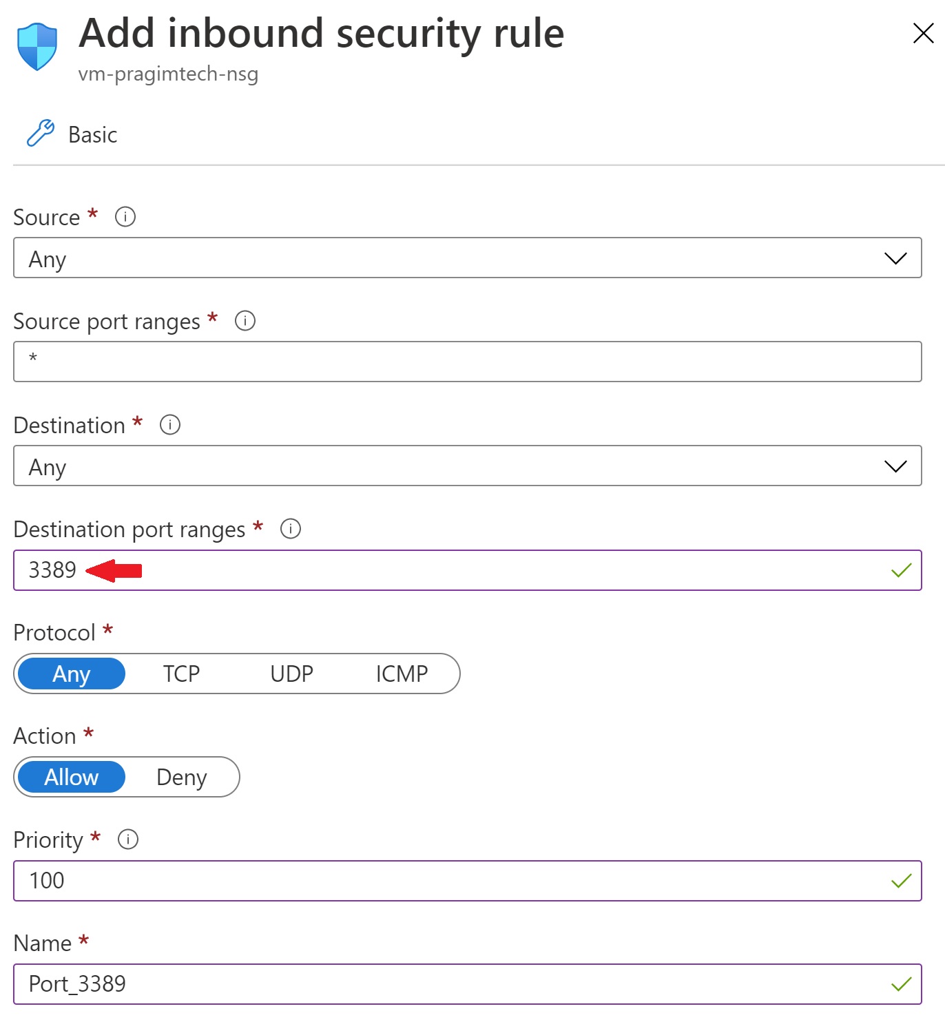 azure vm inbound rule for rdp