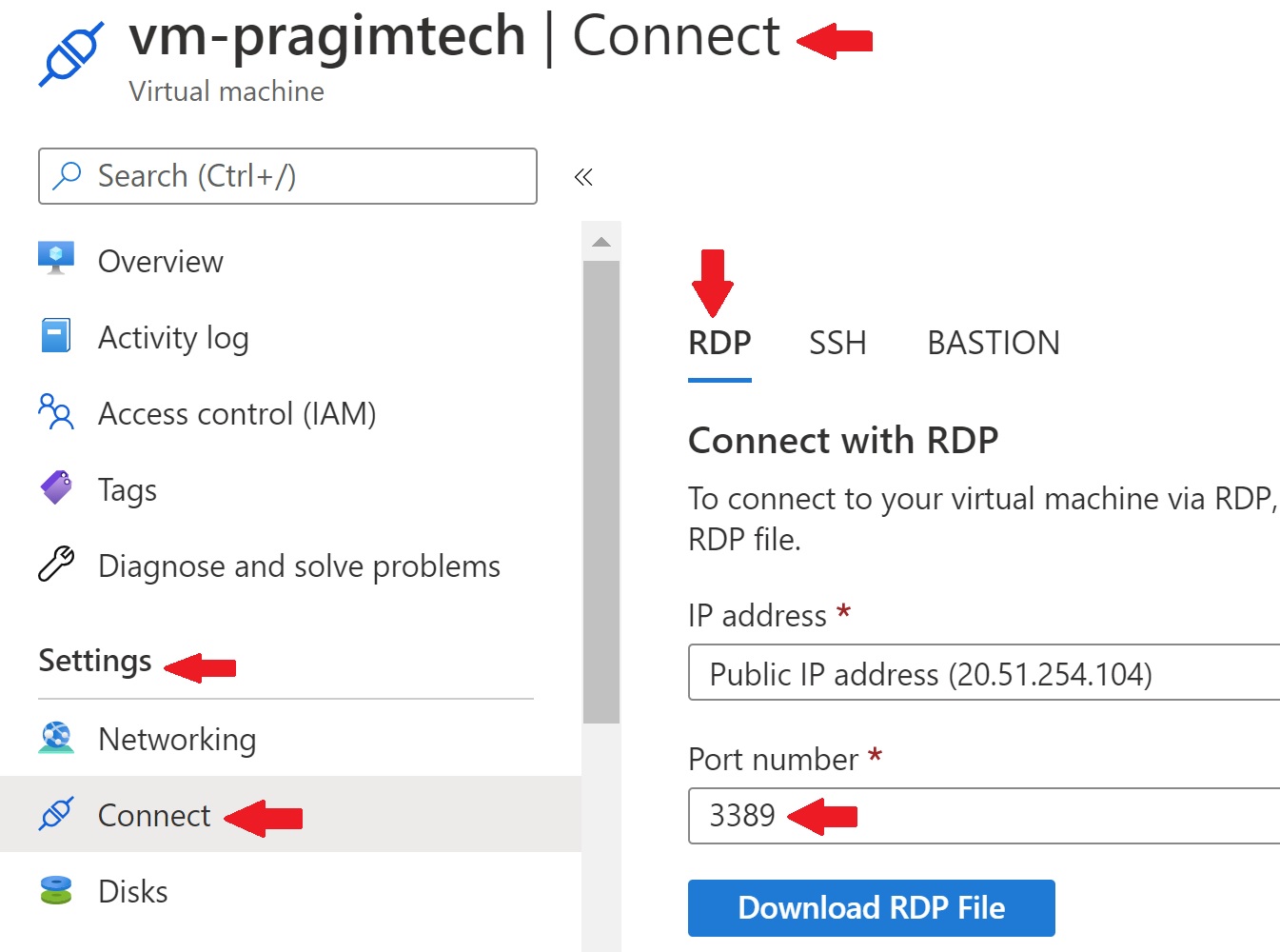 unable to connect to azure vm using rdp