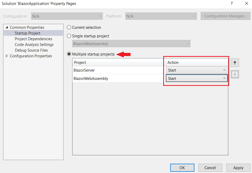 visual studio 2019 multiple startup projects